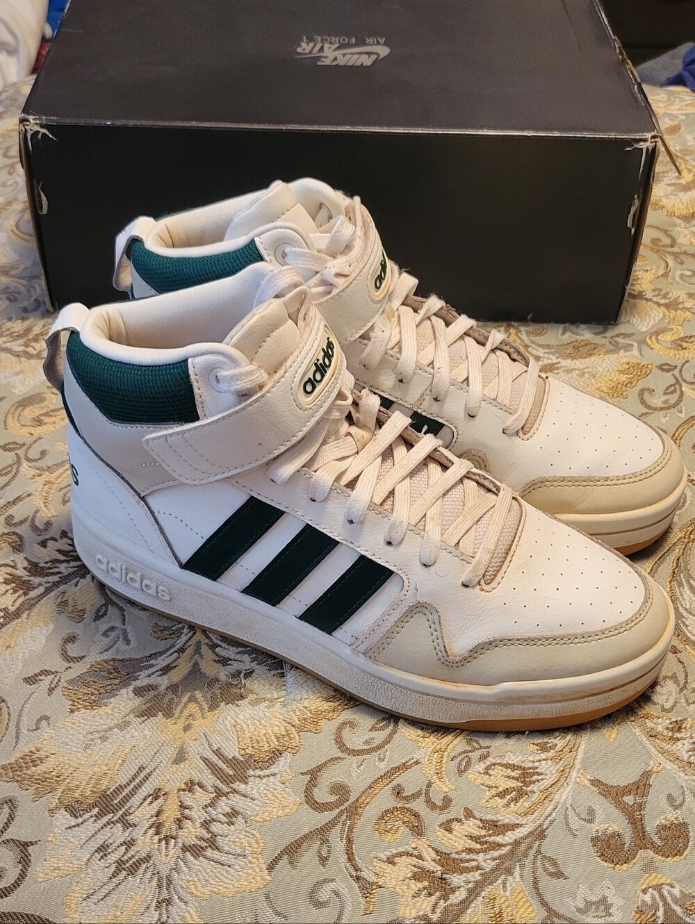 adidas Men's White High-Top Sneakers with Dark Green Stripes